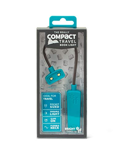 A turquoise compact travel book light in its grey and white retail packaging.