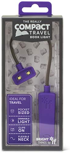 Purple flexible book light in clear packaging, with text details.