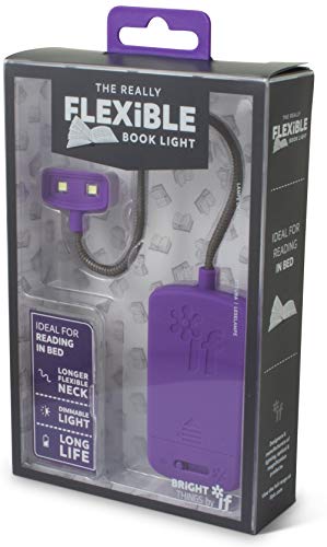 Purple flexible book light in retail packaging, with adjustable neck.