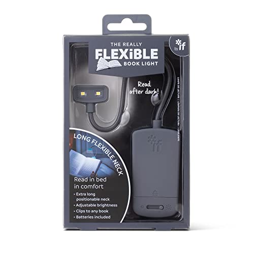 Gray flexible book light with a clip-on base and two LED lights in packaging.