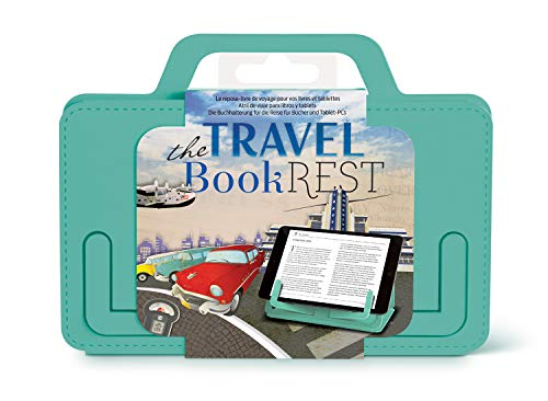Mint green portable book and tablet holder with travel-themed design.