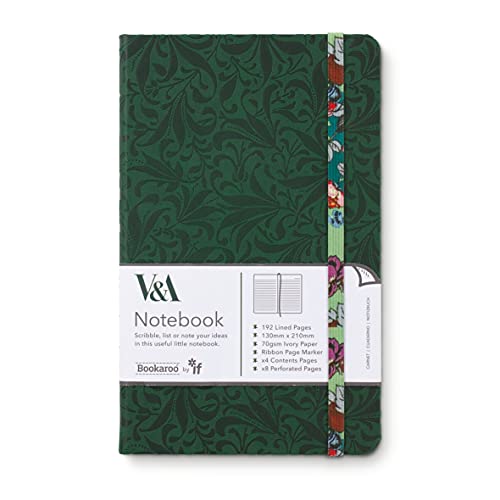 Dark green A5 notebook with floral ribbon and V&A logo.