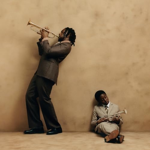 Two musicians in suits playing trumpets against a textured beige wall.