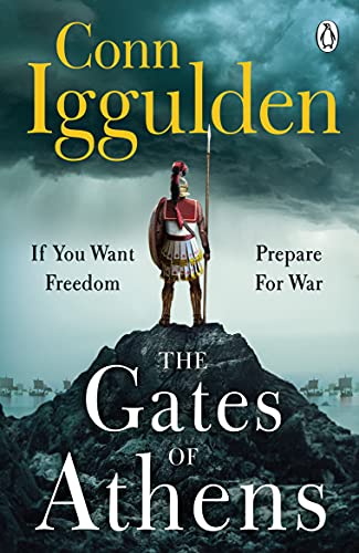 Book cover: ancient Greek hoplite soldier standing on rocky outcrop.