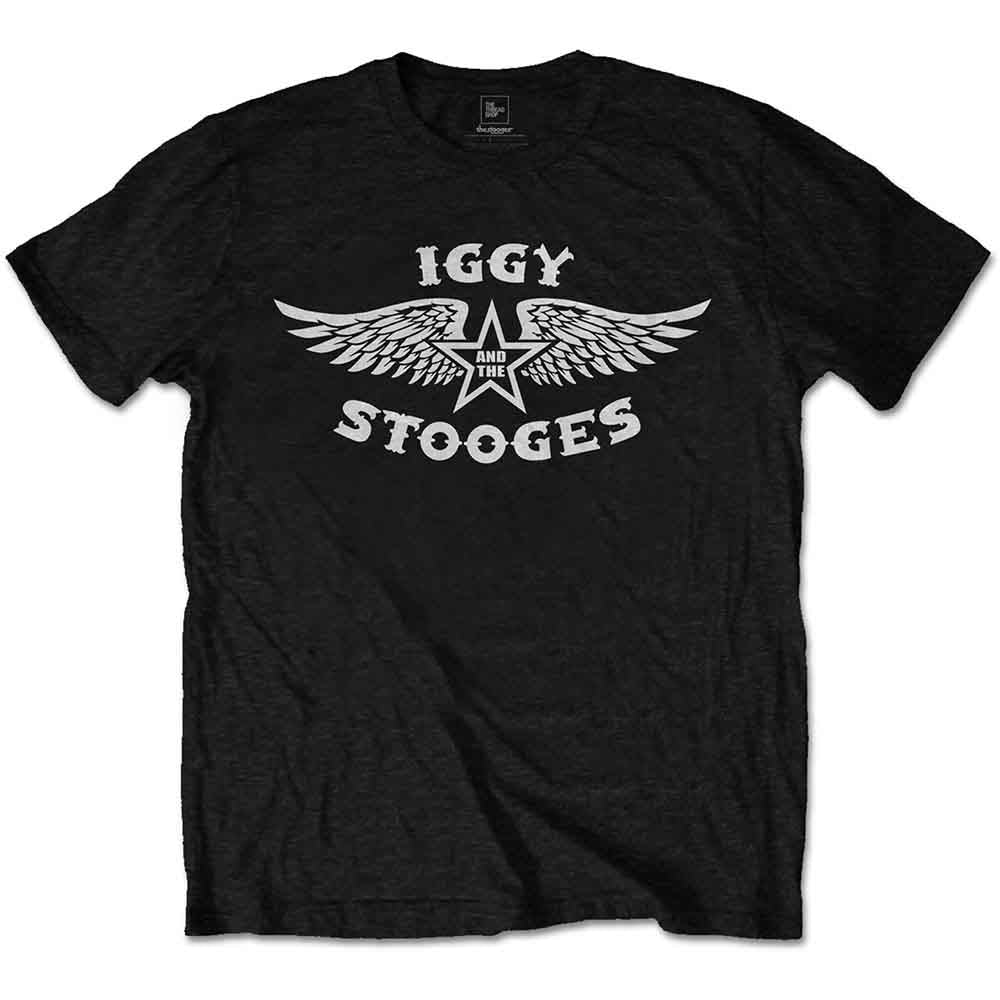 Black t-shirt with white “Iggy & The Stooges” wings graphic.
