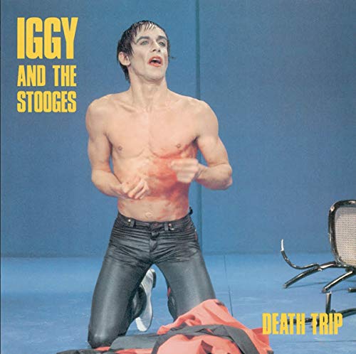 Iggy Pop album cover: shirtless man with red markings, blue background.