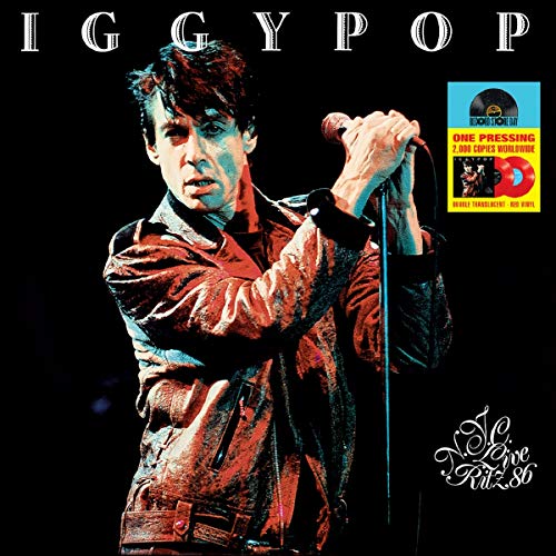 Iggy Pop album cover, portrait of singer with microphone, red vinyl edition.