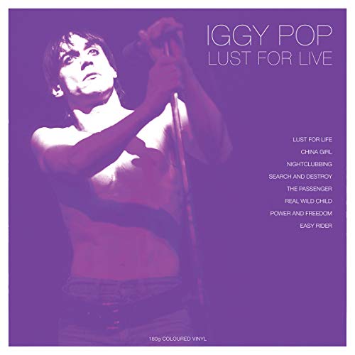 Iggy Pop album cover, purple background, shirtless performer with microphone.