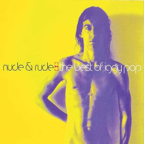 A shirtless Iggy Pop against a bright yellow background with purple text overlay.