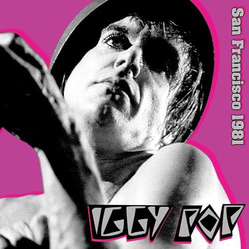 Black and white portrait of Iggy Pop with pink text and border.