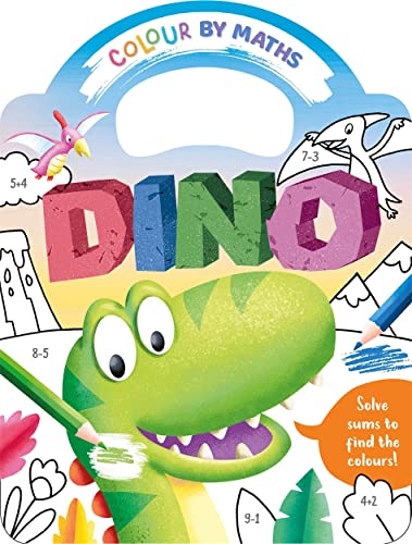 Colour By Maths: Dino" book cover with dinosaurs, numbers, and colouring pencils.