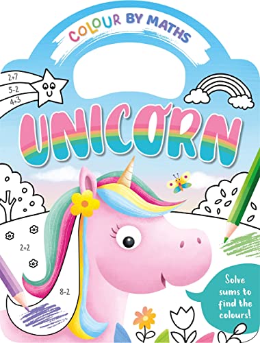 Colour by maths activity book featuring a pink unicorn and rainbow.