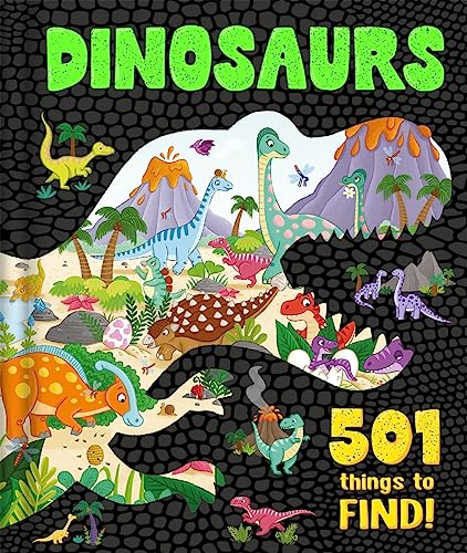 Colorful dinosaur search and find activity book with many hidden creatures.
