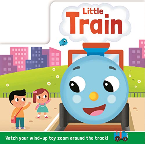 Blue train with smiling face, children waving, city background.