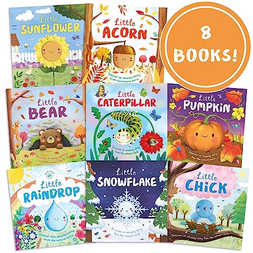 A collection of eight children's nature books featuring illustrated characters like sunflowers, bears, and snowflakes.