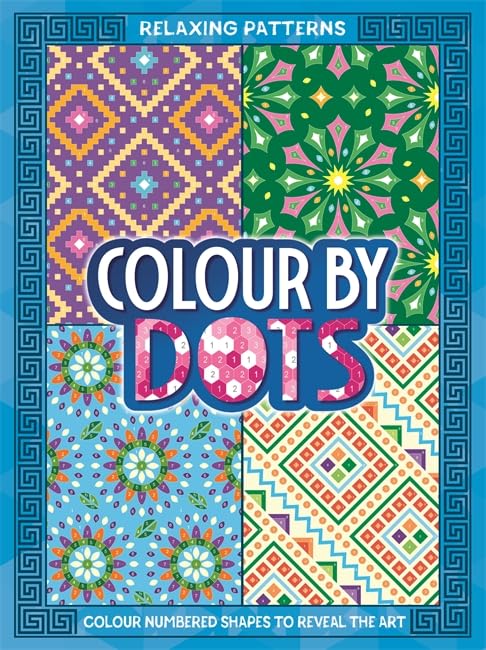 Book cover with four colorful, patterned designs for dot-to-dot coloring.
