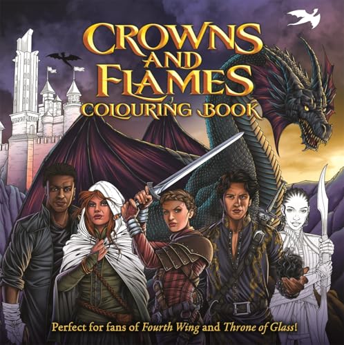 Fantasy coloring book cover with characters, a dragon, and a castle.