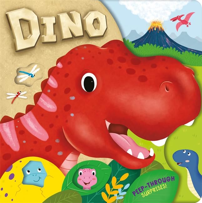 A red T-Rex illustration on a children's book cover with a volcano background.