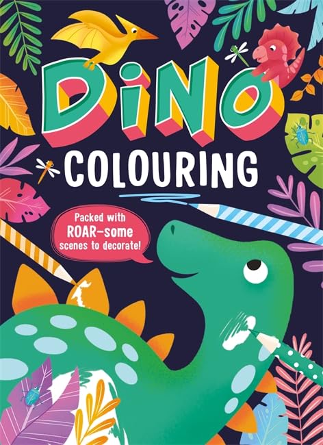 Dino Colouring" book cover with colourful dinosaurs and tropical foliage.