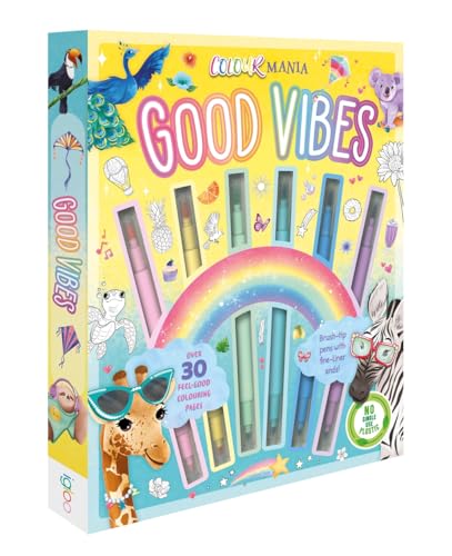 Colouring book "Good Vibes" with animals, rainbow, and brush-tip pens.