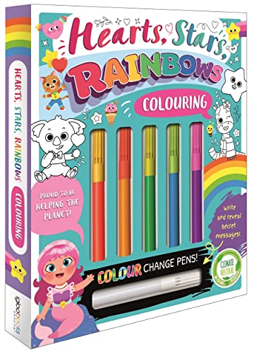 Colouring book with pens, featuring hearts, stars, rainbows, and animal illustrations.