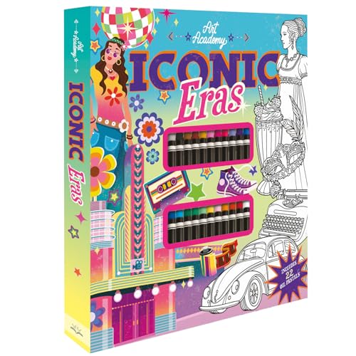 Colorful art set "Iconic Eras" with pastels, illustrations, and vintage items.