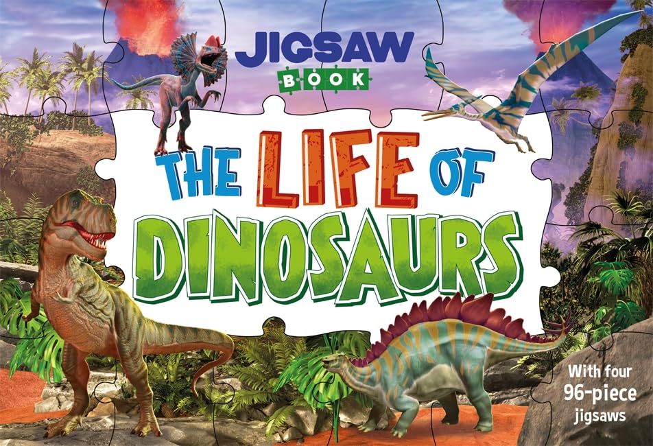Jigsaw book cover featuring dinosaurs and a puzzle-piece background.