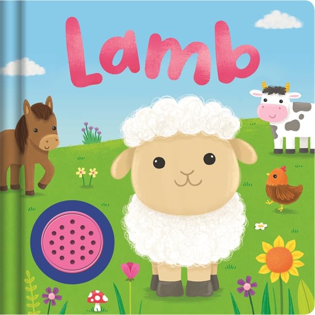 A children's book cover featuring a cartoon lamb, horse, cow, and chicken on grass.