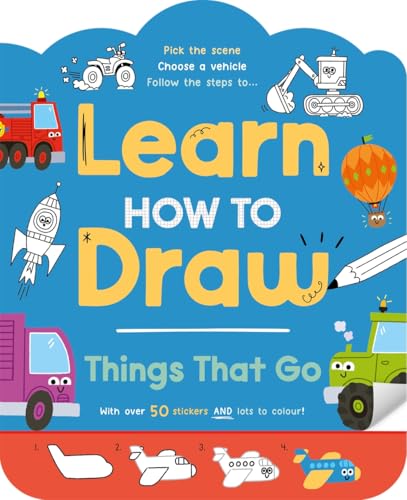 Children’s book cover with colorful illustrations of vehicles and drawing instructions.