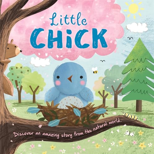 Blue chick in a nest with a bear, trees, and pink sky.