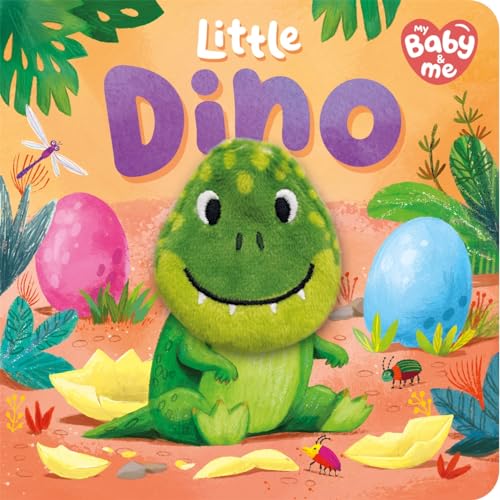 Green cartoon dinosaur with eggs and plants, book cover illustration.
