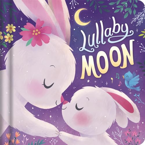 Two white rabbits and a crescent moon on a purple background.