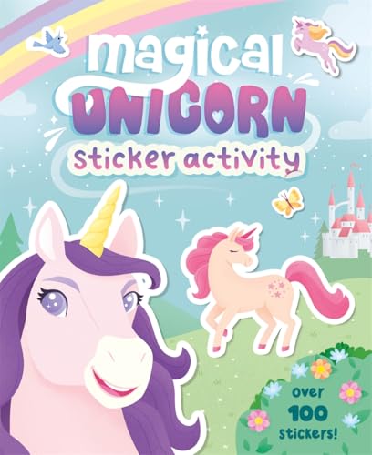 Cover of Magical Unicorn sticker activity book featuring unicorns, a castle, and a rainbow.