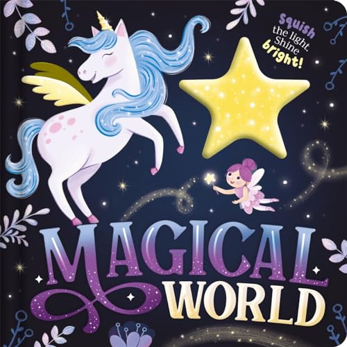 Illustration of a unicorn, fairy, and star with the title "Magical World".