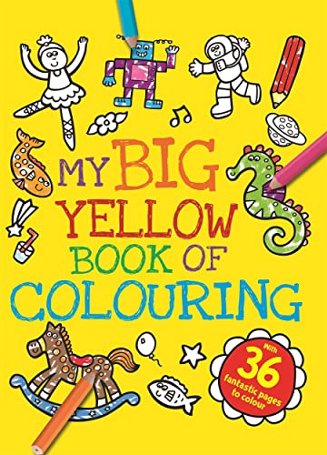 Yellow colouring book cover with cartoon illustrations and colouring pencils.