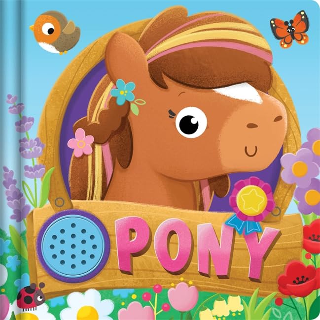 Cartoon illustration of a brown pony in a wooden frame with flowers and text.