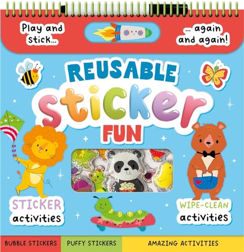 Spiral-bound activity book titled Reusable Sticker Fun featuring cartoon animals and a sticker window.