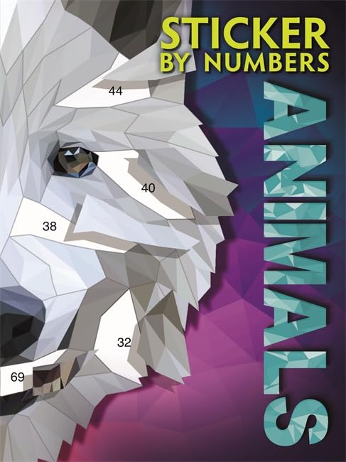 Geometric low-poly wolf illustration with numbered sections for a sticker by numbers activity book.