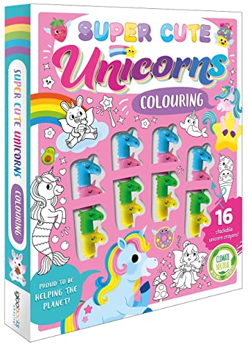 Colouring book cover with unicorns, rainbows, and included crayons.