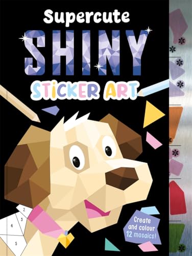 Mosaic sticker art kit featuring a geometric dog on a black background.