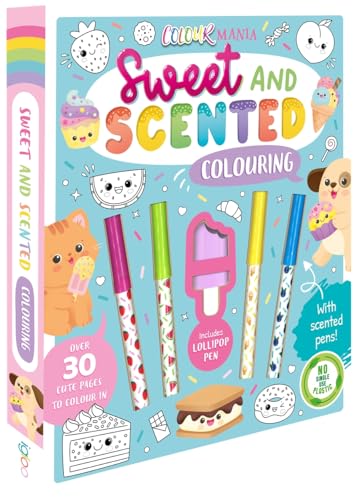 A light blue colouring book cover with scented pens and cute food illustrations.