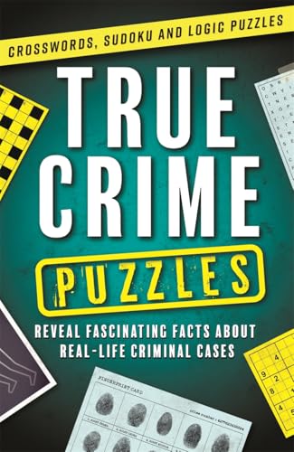 Book cover titled True Crime Puzzles featuring a fingerprint card, crosswords, and sudoku grids.