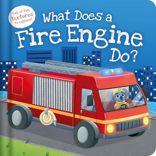 Red fire engine with a bear driver, city background, children’s book.
