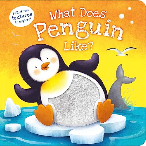 A cartoon penguin with a fuzzy belly sits on an iceberg against a yellow sky.