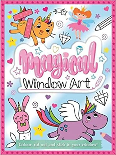 Colorful book cover featuring fantasy creatures and the title “Magical Window Art”.