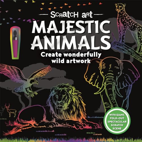 Scratch art book cover featuring a lion, elephant, eagle, and cheetah on black background.