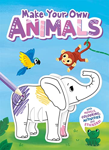 Children’s activity book with elephant, monkey, parrot, and frog illustrations.