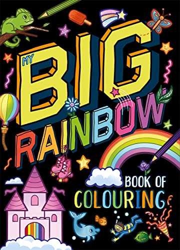 Colouring book cover with rainbow, animals, and colourful illustrated objects.