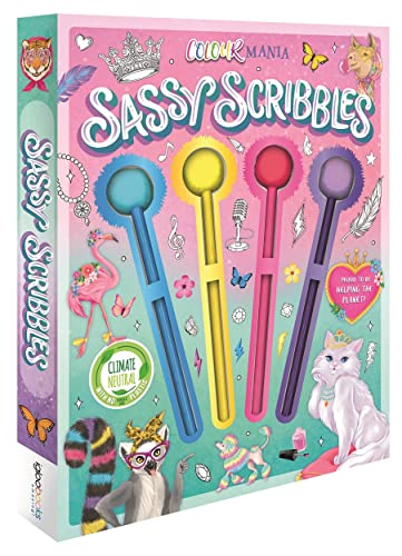 Colorful activity book, "Sassy Scribbles," with illustrated animals and pom-pom pencils.