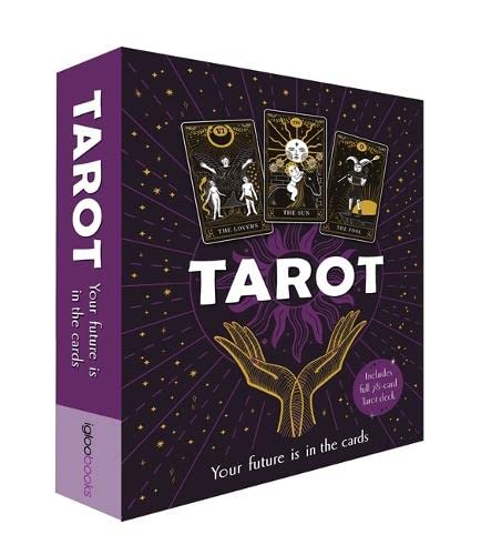 Purple tarot box with gold foil details and illustrated card images.